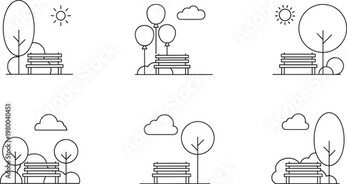 Minimalist set of six line art icons featuring park benches with trees sun clouds and balloons in modern vector style.