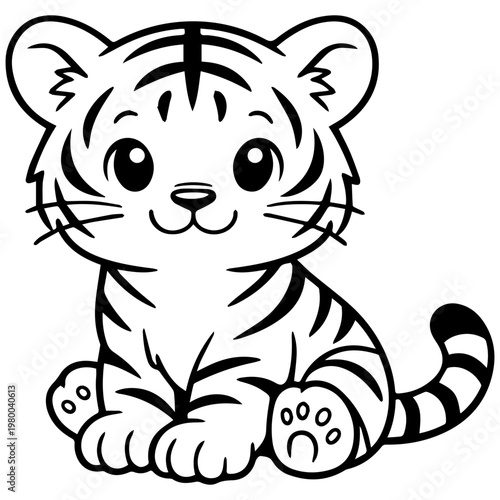 Cute cartoon tiger cub sitting and smiling in black and white