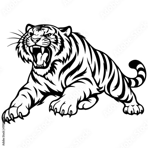 angry tiger roaring in black and white