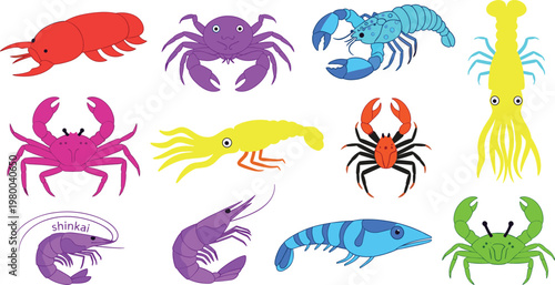 Colorful Sea Creatures Vector Set Featuring Crabs, Shrimp, Lobsters, Squids, and Fish for Marine Life and Ocean-Themed Designs