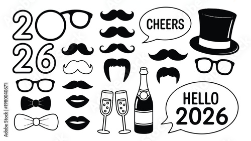 Black and white New Year 2026 photo booth props a festive collection of glasses, mustaches, champagne, and speech bubbles for party celebrations