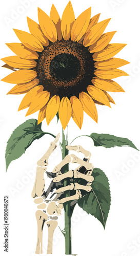 The delicate hold: A skeleton hand gently clasps a vibrant sunflower, contrasting life and mortality and symbolizing the transient beauty of existence.