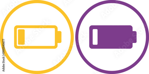 Two circular icons displaying battery symbols with low power levels in yellow and purple vibrant colors
