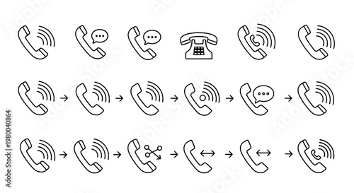 Phone call routing icon set with hand-drawn arrows, chat bubbles, and signal waves for communication workflow