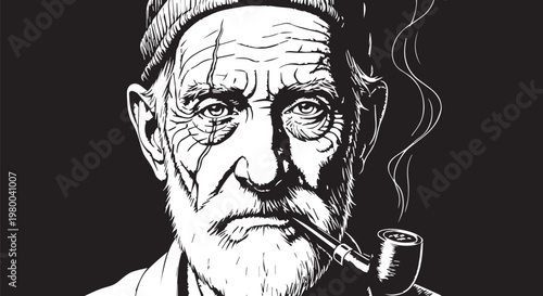 Vintage old man, smoking pipe, black and white illustration, vector portrait, elderly gentleman