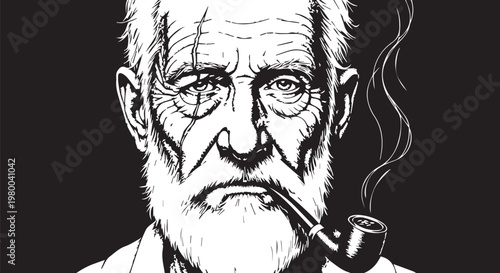 Vintage old man, smoking pipe, black and white illustration, vector portrait, elderly gentleman