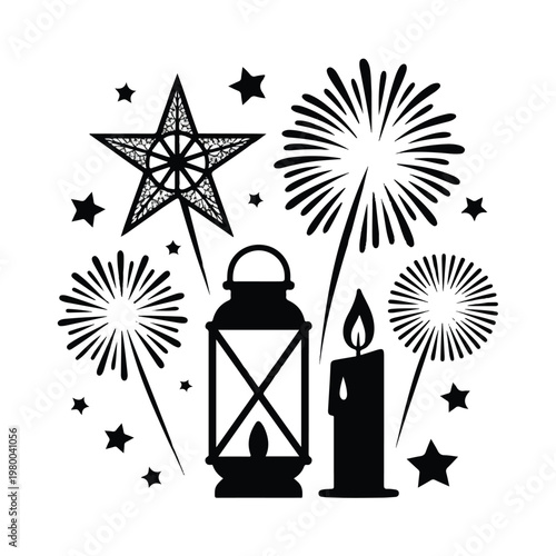 Black and white illustrative design featuring festive elements like fireworks, stars, a lantern, and a candle, evoking a celebratory mood