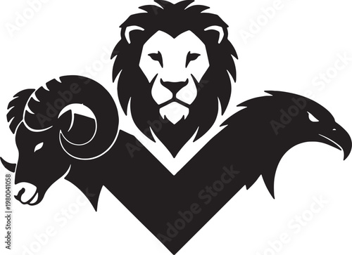 Majestic lion ram and eagle mascot logo in geometric V crest vector animal emblem design
