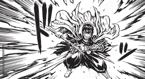 Dynamic Manga Action Hero, Black and White Comic Art, Japanese Style Illustration, Vector Graphic