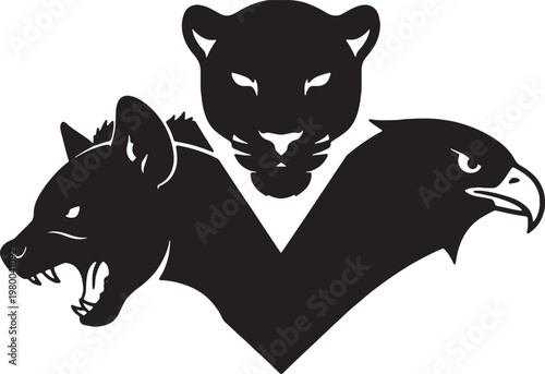 Predator mascot logo with panther hyena and eagle heads in geometric shield vector design