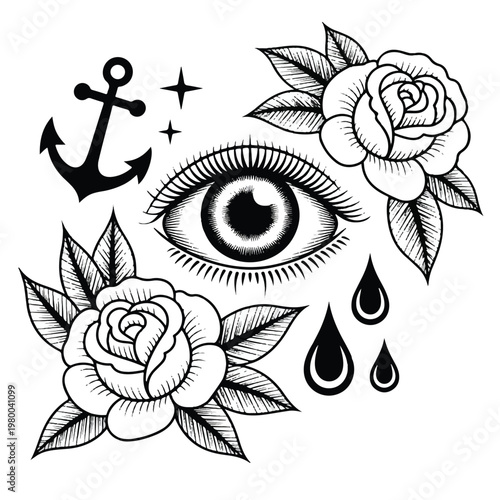 Black and white tattoo style illustration featuring an eye, roses, anchor, and teardrops