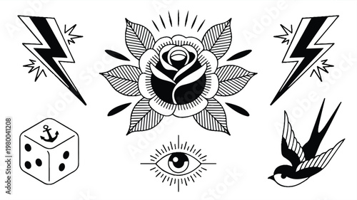Set of black and white traditional old school tattoo elements featuring rose, lightning, swallow, dice, and eye designs, perfect for vintage or retro projects and graphic assets