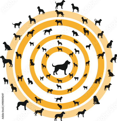 Dog silhouettes circular pattern vector illustration with multiple breeds arranged in concentric rings, abstract pet design background, modern geometric animal composition