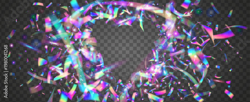 Hologram Confetti For Carnival In Heart Shape.  Crystal And Disco Flares On A Rainbow Birthday Bg. Valentine And Wedding Background For Love Concept. Pink And Purple Hologram Confetti