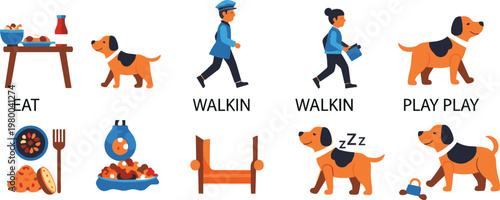 Dog daily routine activities set with eating, walking, playing and sleeping scenes, pet care lifestyle illustration collection for training guides and educational design