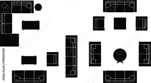 Top view living room furniture arrangement silhouettes with sectional sofas coffee tables and armchairs for interior design house floor plans,