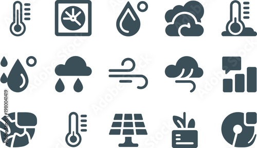 Set of weather icons showing climate indicators including temperature rain wind clouds and solar power energy