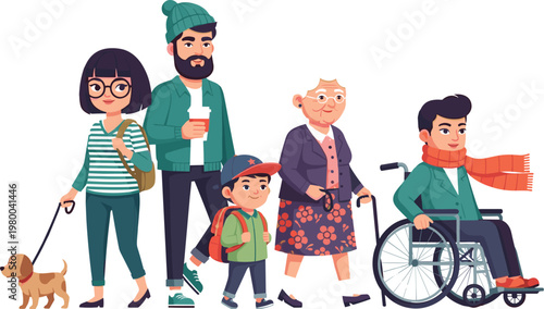 Diverse family characters with different ages and abilities including child, parents, elderly woman and wheelchair user in inclusive lifestyle illustration