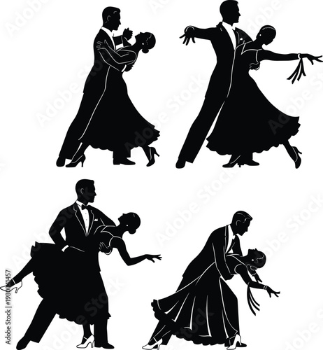 Silhouette set of four elegant ballroom dance couples performing waltz and tango in formal attire for classical dance competition performance.