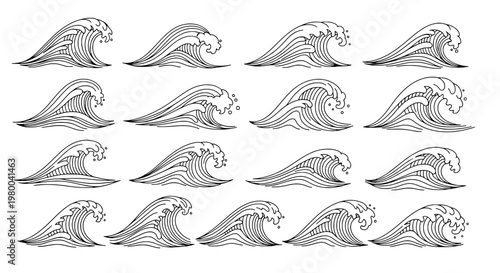 Wave line art seamless pattern with vintage engraving curls and swirling foam texture for beach backgrounds and icons