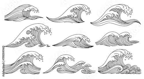 Wave ocean line art set with swirling foam curls, hand drawn contour strokes and vintage engraving style for backgrounds