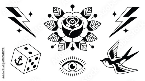 Black and white vector illustration of traditional tattoo elements. Classic old school designs rose, die, eye, swallow, lightning bolts