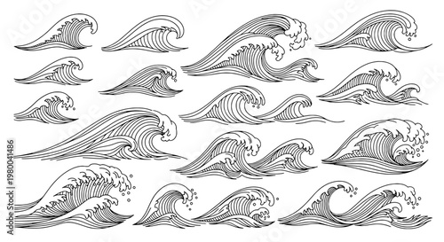 Waves ocean line pattern with swirling curls, foam bubbles and rhythmic waves for seamless vector background design