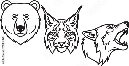 Bear Lynx Wolf Animal Head Vector Set Wild Predator Mascot Line Art Howling Wolf Illustration