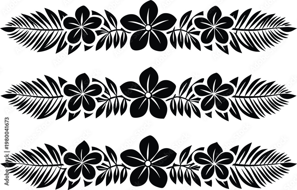 Fototapeta premium Tropical Floral Border Design Set Collection. Tropical Flower Border Frame Design Set. Tropical Floral Frame Border Collection. Exotic Tropical Flower Border Design Set. Tropical Leaf And Flower