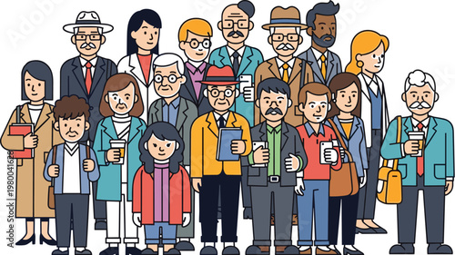 Diverse crowd of people with different ages and styles holding coffee cups in urban setting representing community, lifestyle and social gathering illustration