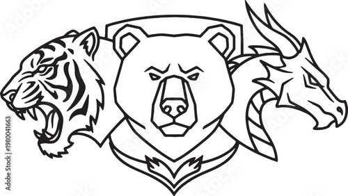 Tiger Bear Dragon Animal Crest Logo Vector Shield Mascot Design Predator Trio Emblem