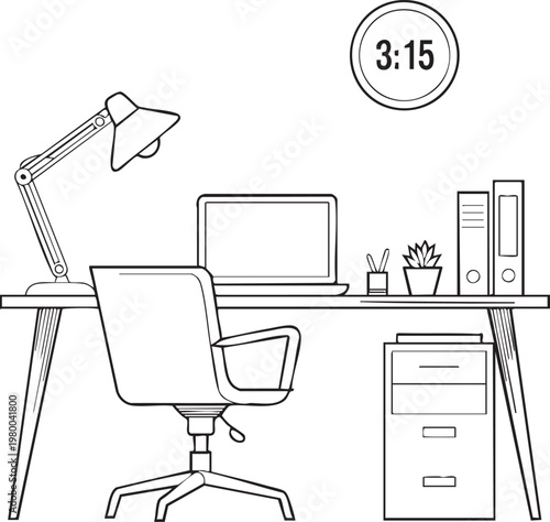 a minimalist home office setup with a laptop, desk, chair, and clock on the wall, ideal for remote work or study
