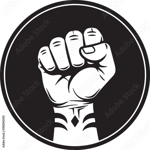 Black and white of a clenched fist raised in a circle, symbolizing power and protest also transparent background
