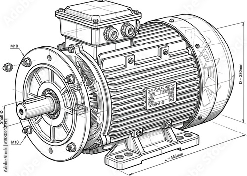 Electric motor industrial machine with detailed housing shaft and mounting base mechanical engineering line illustration perspective