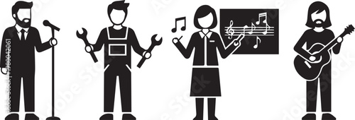 Four professionals collaborating on a musical project in different creative roles