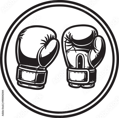 Black and white of boxing gloves within a double-lined circle, sports combat also transparent background