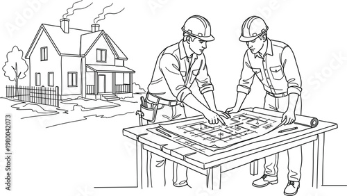 Engineers examining house construction blueprint line art illustration, residential building planning, architectural project teamwork and real estate development concept minimal outline design