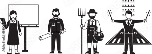 Four distinct professions illustrated in a minimalist style