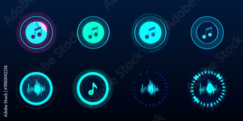 Abstract glowing music icons and waveforms on a dark background