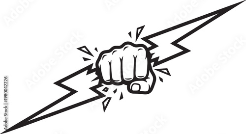 Black fist punching through a jagged lightning bolt on a white background, comic book style also transparent background