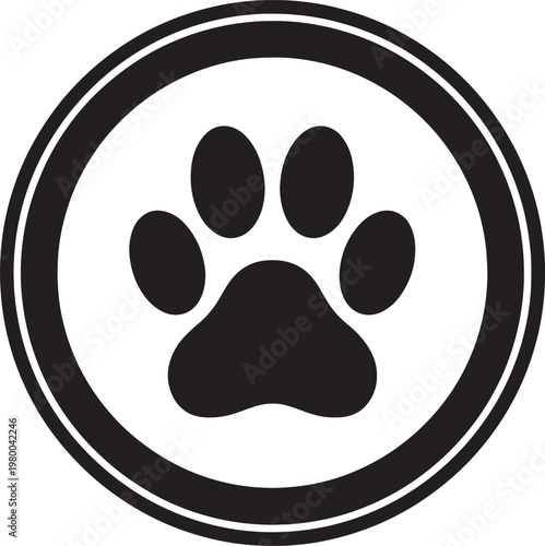 Black paw print inside a double ringed circle, simple also transparent background, dog paw cat paw animal