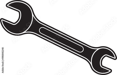 Black open-end wrench with white outline on a white background, angled view also transparent background