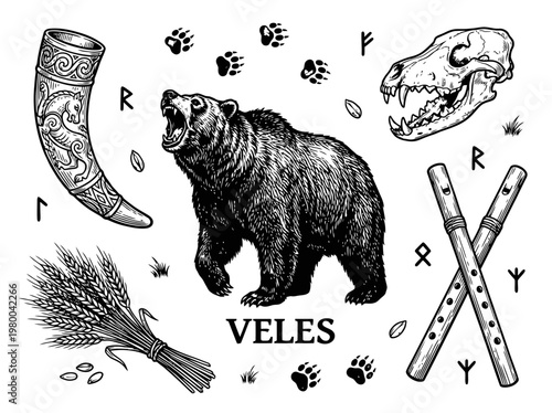 Slavic Pagan Mythology Symbols Set Featuring Bear, Drinking Horn, Animal Skull, and Ancient Runes for Veles God, Vector Illustration