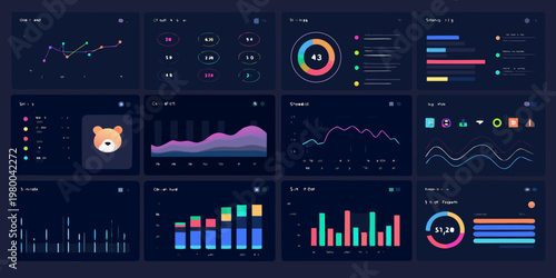 Collection of modern data dashboards displaying various charts and key metrics