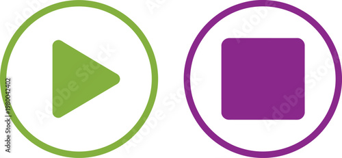 Green play button and purple stop button icons used for media player control interface navigation elements