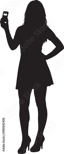 Silhouette of a woman in a short dress and heels taking a selfie with a smartphone also transparent background