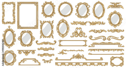 Obraz na płótnie Elegant Golden Ornamental Decor with Vintage Frames Mirrors and Scroll Elements