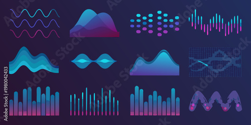 Abstract data visualizations waveforms charts and graphs in blue and purple
