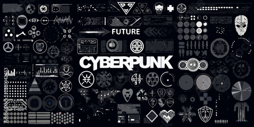 A collection of futuristic and cyberpunk themed icons and graphic elements