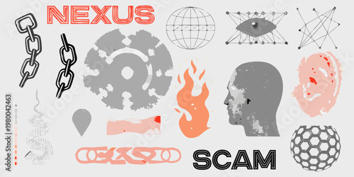 Abstract collection of symbols including chains heads and flames